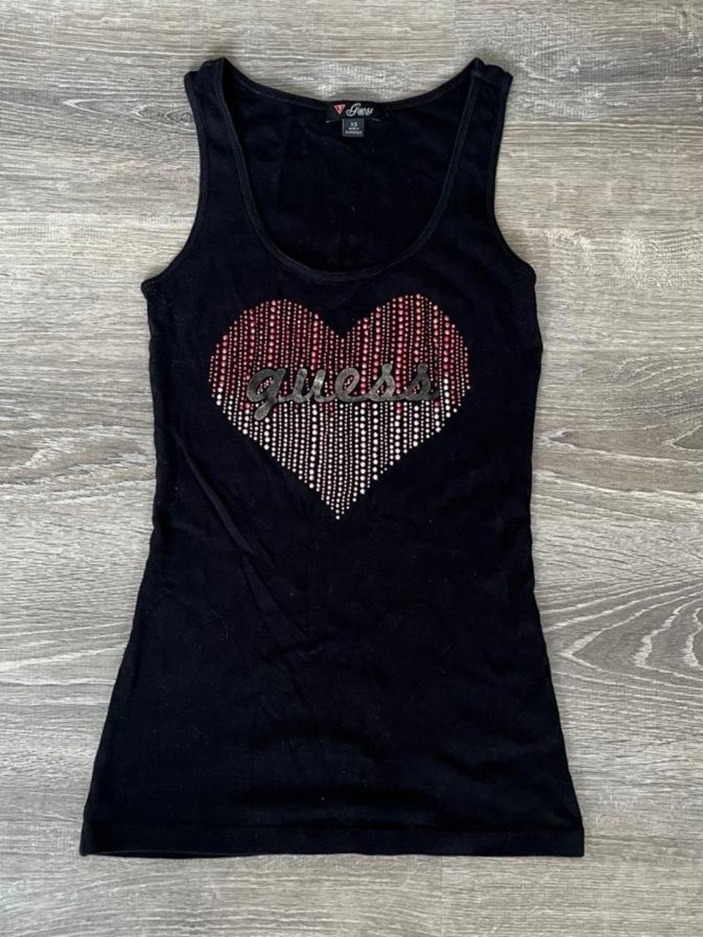Guess rhinestone heart black tank top